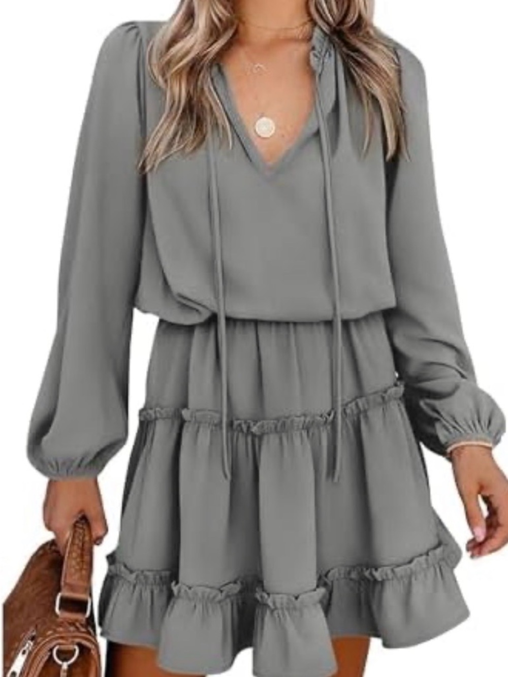 BTFBM Gray Tie Neck Ruffle Tiered Mini Dress Size S